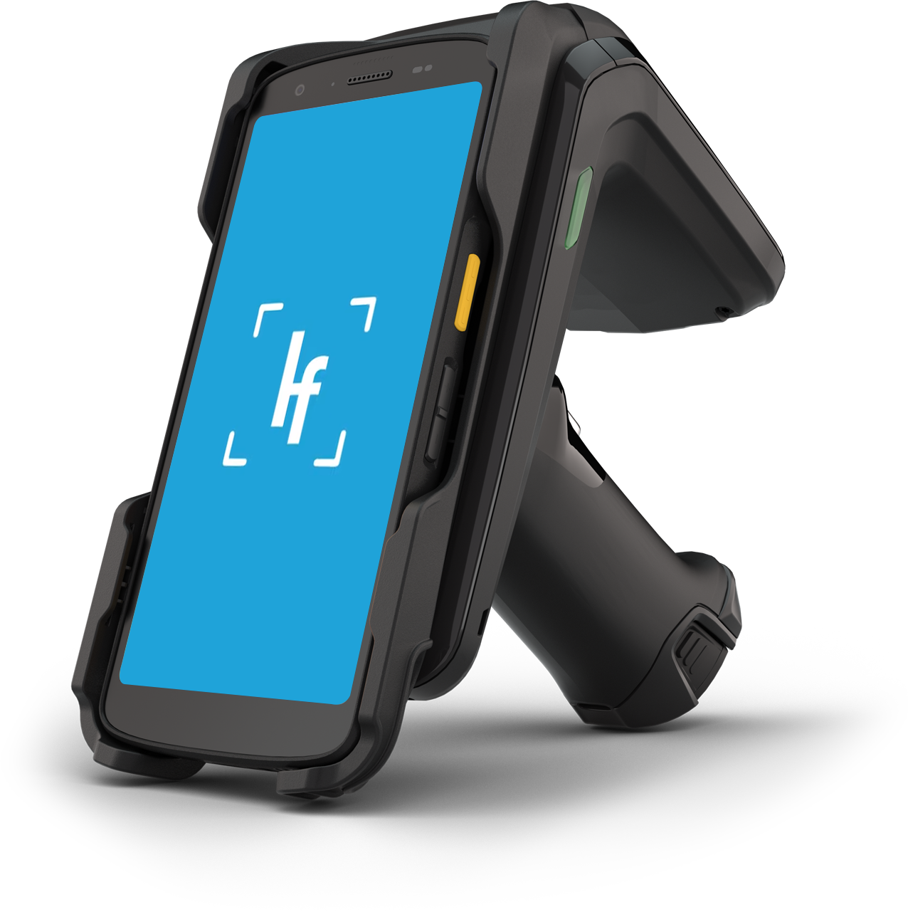 Lector RFID industrial Zebra con empuñadura, mostrando la app ItemFinder para trazabilidad de productos en tiempo real